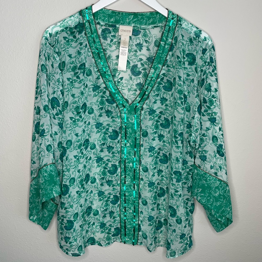 Chico’s Congo Floral beaded V-neck sheer tunic top